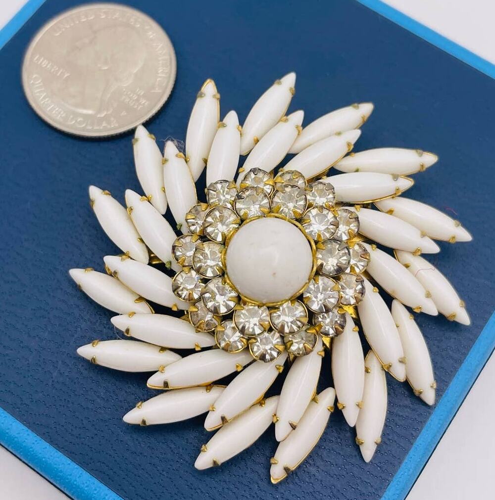 VTG Judy Lee White Milk Glass Navette Rhinestone Layered Flower Pin 2.25" Brooch
